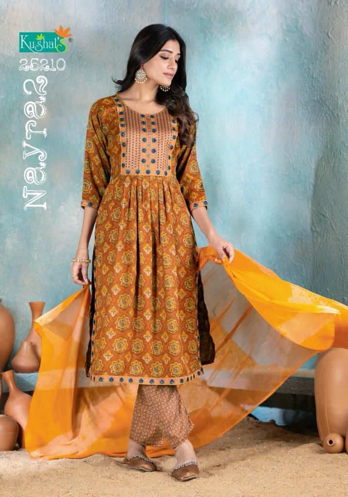 Nayra 2 By Kushals Rayon Printed Naira Cut Kurti With Bottom Dupatta
